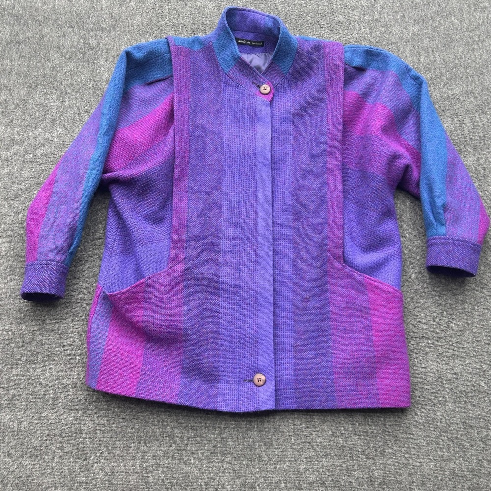 Vintage Avoca Collection Ireland 100% Wool Yarn Dyed‎ Coat Purple Blue Medium